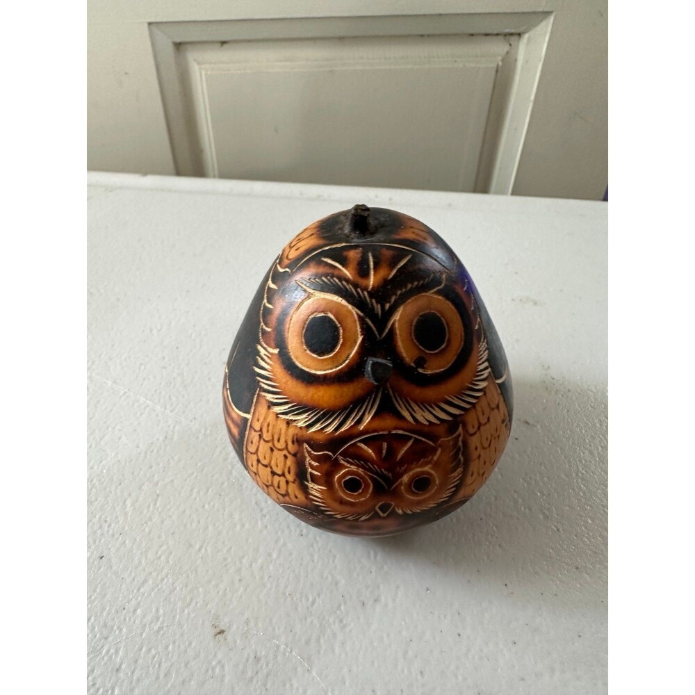 Handcrafted Peruvian Pyrography Folk Art Mommy & Me Baby Chick Gourd Owl